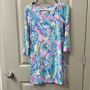 Lilly Pulitzer Pink and Blue Sheath Dress with 3/4 Sleeves